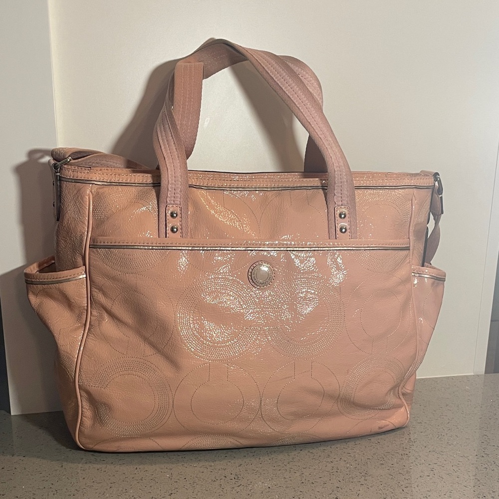 Coach Dusty Pink Stitched Patent Leather Diaper Bag Crossbody Tote
